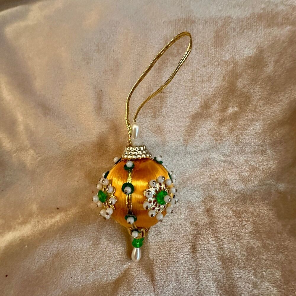 Vintage 2.5" Gold and Green Sequin and Satin Christmas Ornament